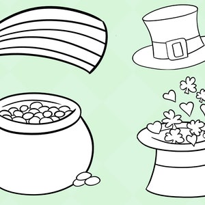 May include: A black and white illustration of a pot of gold, a rainbow, a leprechaun's hat, and a leprechaun's hat with shamrocks and hearts.