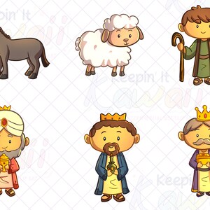 K&ouml;nnte beinhalten: Ein Satz von Cartoon-Illustrationen, die die Weihnachtsgeschichte darstellen. Das Set enth&auml;lt einen Esel, ein Schaf, einen Hirten und drei K&ouml;nige. Die K&ouml;nige halten Geschenke aus Gold, Weihrauch und Myrrhe.