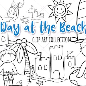 Fun Day At the Beach Digital Stamps Set - Cute Kids Beach Black and White Clip Art - Summer Time Clip Art - Sandcastle Clipart