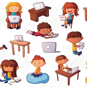 Lindo Clip Art de Aprendizaje a Distancia, Escuela Kawaii Niños, Escuela Portátil, Clip Art Para Maestros