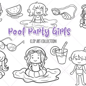 Cute Pool Party Girls Clip Art Collection, Pool Party Clipart, Kids Pool Party Invite