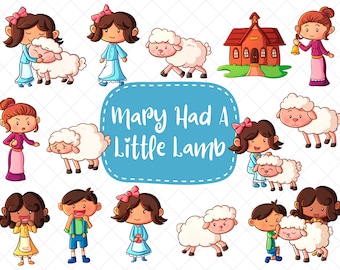 Mary had een klein lammetje illustraties, kinderliedje clipart, klein lammetje school kunst, kinderliedje illustraties