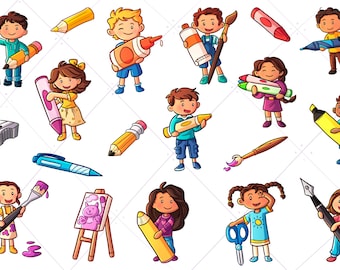 Kids With Big Art Supplies Clip Art, School Supply Clipart, Kids School Supplies Clipart,  Clip Art For Teachers