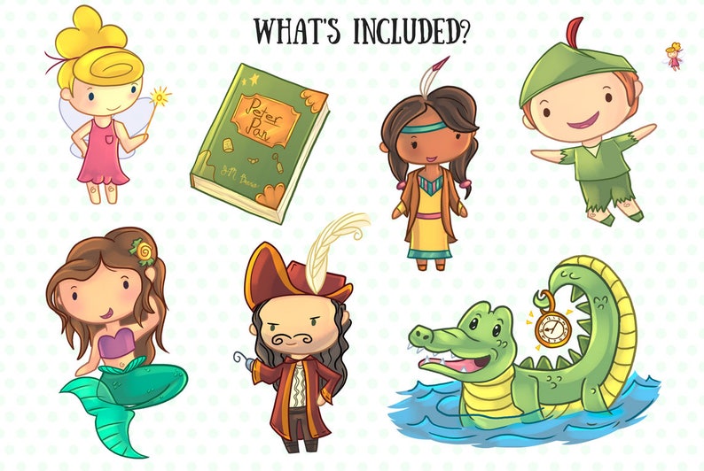 May include: A set of colorful cartoon illustrations featuring characters from Peter Pan, including Peter Pan, Captain Hook, Tinkerbell, Tiger Lily, and the crocodile. The illustrations are in a whimsical style and would be perfect for a children's book or other creative project.