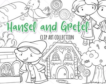 Hansel and Gretel Fairy Tale Clipart, Cute Hansel and Gretel Illustrations, Fairy Tale Coloring Pages, Storybook Stamps