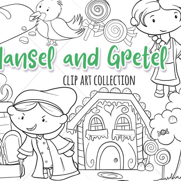 Hansel and Gretel Fairy Tale Clipart, Cute Hansel and Gretel Illustrations, Fairy Tale Coloring Pages, Storybook Stamps