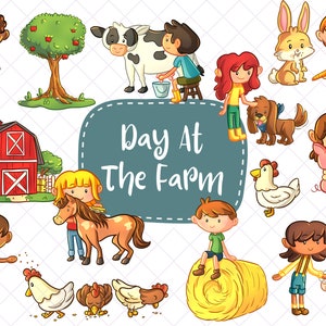 Clipart de um dia na fazenda, clipart de animais de fazenda fofos, clipart de crianças de animais de fazenda, arte de animais fofos