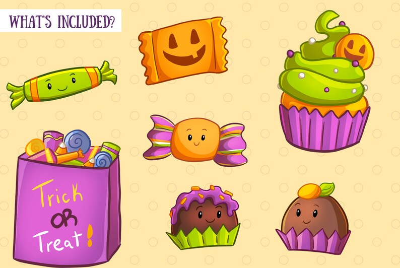 May include: A set of Halloween-themed clipart featuring a variety of treats, including candy, cupcakes, and a trick-or-treat bag. The clipart is in a cartoon style with bright colors and friendly faces.