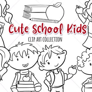 以下が含まれることがあります： かわいい学校の子供たちの白黒の線画クリップアート。画像には、本を持った女の子、リュックサックを持った男の子、リンゴを持った女の子、本を持った男の子、本を持った女の子が含まれています。画像には「Cute School Kids Clip Art Collection」というテキストが含まれています。