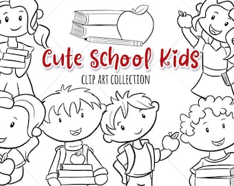 Back to School Kids Black and White Clip Art Collection, Cute School Kids Coloring Pages, Kawaii Kids, Cute Kids Reading, School Books