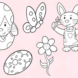 May include: Black and white line art illustration of Easter themed images. A bunny rabbit holding a paintbrush and a palette, a butterfly, a flower, and two eggs.