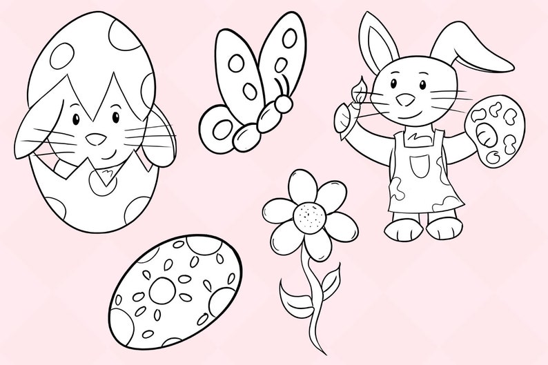 May include: Black and white line art illustration of Easter themed images. A bunny rabbit holding a paintbrush and a palette, a butterfly, a flower, and two eggs.