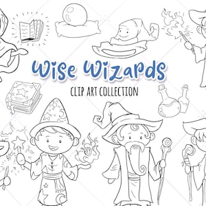 Puede incluir: Colección de imágenes de arte de clip en blanco y negro de sabios magos. La colección incluye imágenes de magos con diferentes sombreros, túnicas y accesorios, como varitas, libros y pociones. El texto "Wise Wizards Clip Art Collection" está incluido en la imagen.