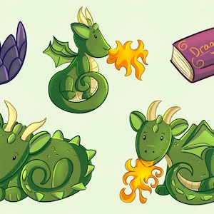 May include: A set of five illustrations featuring green dragons with yellow horns and wings. One dragon is breathing fire, another is curled up sleeping, and a third is holding a book titled "Dragons".