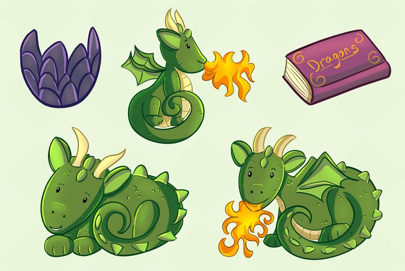 May include: A set of five illustrations featuring green dragons with yellow horns and wings. One dragon is breathing fire, another is curled up sleeping, and a third is holding a book titled "Dragons".