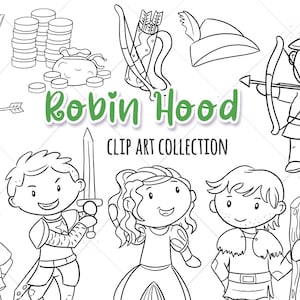 Puede incluir: Ilustraciones en blanco y negro de personajes de Robin Hood, incluyendo Robin Hood, Lady Marian, Little John y el Sheriff de Nottingham. Las ilustraciones son de estilo de dibujos animados e incluyen un objetivo, un arco y una flecha, una espada y una corona.