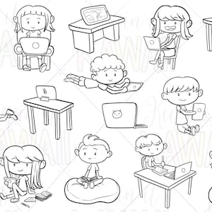 Lindos sellos digitales de aprendizaje a distancia, niños de la escuela kawaii, escuela portátil, imágenes prediseñadas para maestros