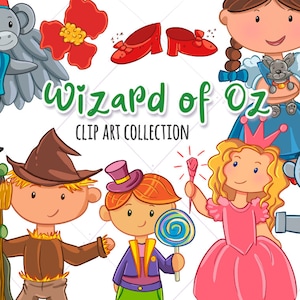 May include: Clip art collection featuring characters from the Wizard of Oz.  The characters include Dorothy, the Scarecrow, the Tin Man, the Cowardly Lion, the Wicked Witch of the West, and the flying monkeys.  The clip art is in a cartoon style and is perfect for use in crafts, scrapbooking, and other creative projects.
