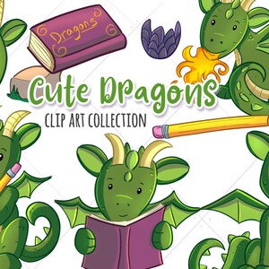 May include: Clip art collection of cute green dragons with different expressions. One dragon is reading a book titled "Dragons", another is holding a pencil, and another is breathing fire.