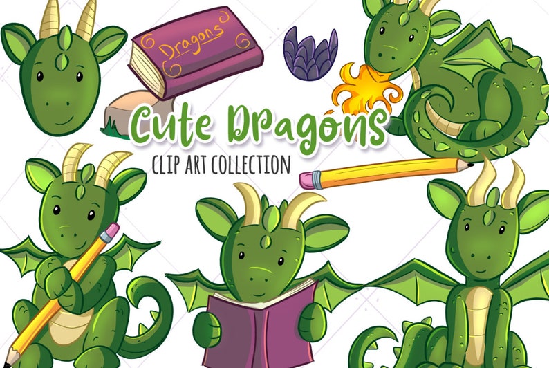 May include: Clip art collection of cute green dragons with different expressions. One dragon is reading a book titled "Dragons", another is holding a pencil, and another is breathing fire.