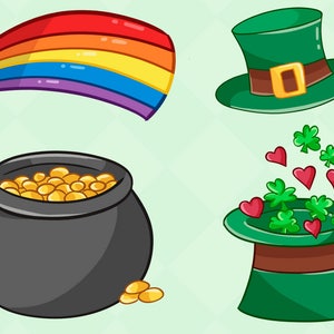Cute St Patrick's Day Clip Art, Kawaii St. Patrick's Day Clipart, Rainbows Clipart, Pot of Gold, Spring Clip Art, Instant Download image 4