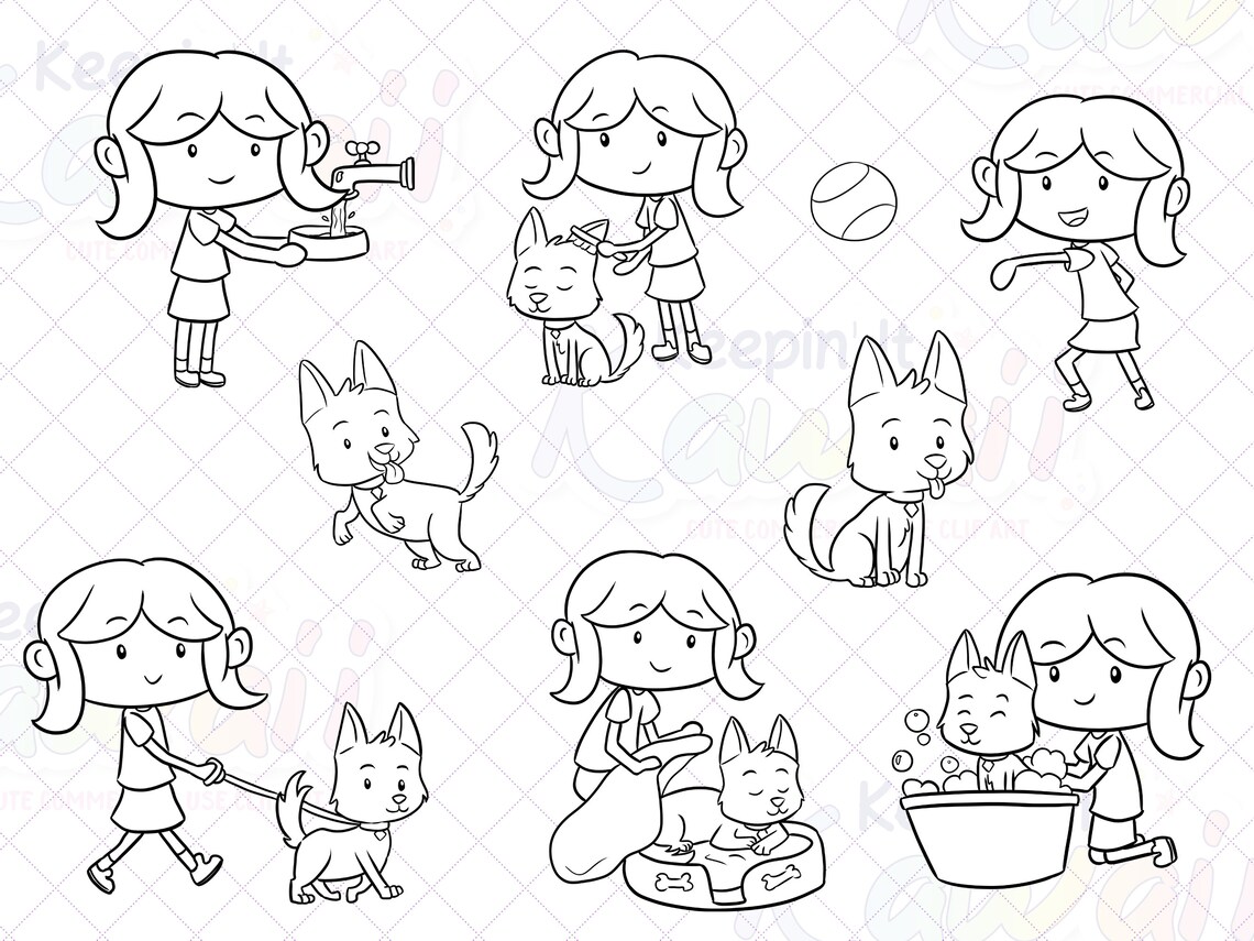 Girl With Pet Dog Clip Art, Cute Pets Clipart, Cute Kids and Pets Clipart, Clipart for Teachers
