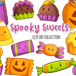May include: A collection of Halloween-themed candy and treats, including a candy corn, a chocolate cupcake, a pumpkin-shaped candy bag, a chocolate truffle, a yellow cupcake, a candy bar, and a chocolate kiss. The text "Spooky Sweets Clip Art Collection" is written in pink letters.