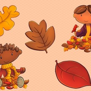 Puede incluir: Dos ni&ntilde;os, uno con piel morena y otro con piel blanca, est&aacute;n sentados en montones de hojas de oto&ntilde;o de colores. Tambi&eacute;n hay tres hojas, una amarilla, una marr&oacute;n y una roja, sobre un fondo naranja claro.