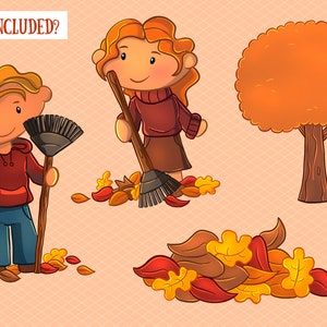 Puede incluir: Dos ni&ntilde;os, uno con cabello rubio y otro con cabello rojo, est&aacute;n barriendo hojas ca&iacute;das. Las hojas son rojas, naranjas y amarillas. Hay un gran &aacute;rbol naranja en el fondo. El texto "What's Included?" est&aacute; en la parte superior de la imagen.