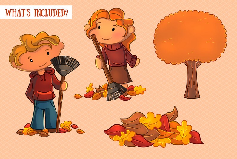 Puede incluir: Dos ni&ntilde;os, uno con cabello rubio y otro con cabello rojo, est&aacute;n barriendo hojas ca&iacute;das. Las hojas son rojas, naranjas y amarillas. Hay un gran &aacute;rbol naranja en el fondo. El texto "What's Included?" est&aacute; en la parte superior de la imagen.