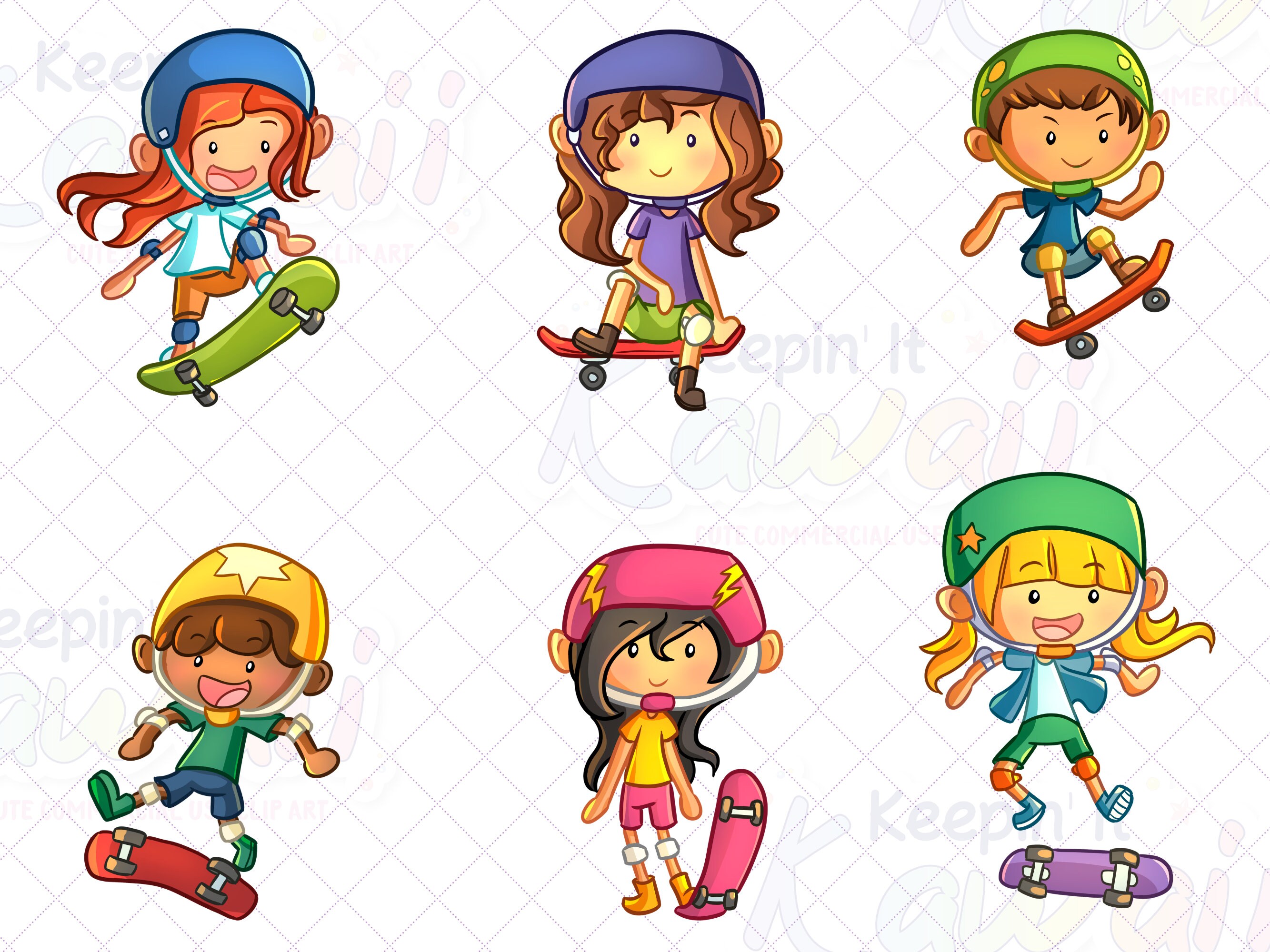 Cute Skateboarding Kids Clipart Skating Kids Clip Art Kawaii Etsy