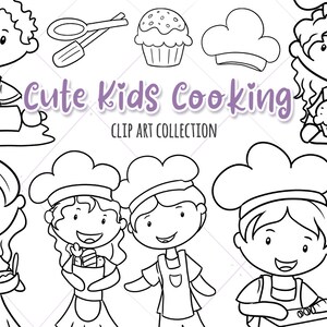 Schattige kinderen koken digitale postzegels, Kawaii kids bakken zwart en wit, kinderen maken cupcakes, kinderen met eten, koken clip art