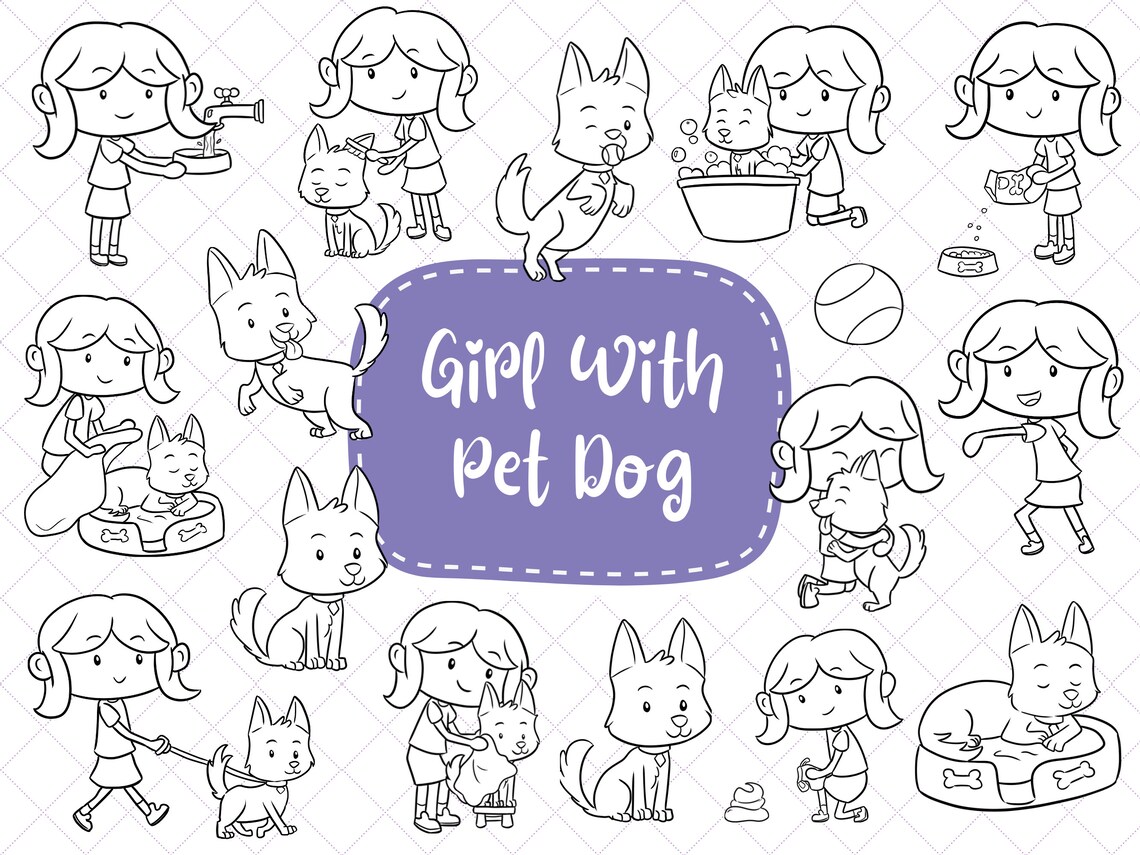 Girl With Pet Dog Clip Art, Cute Pets Clipart, Cute Kids and Pets Clipart, Clipart for Teachers