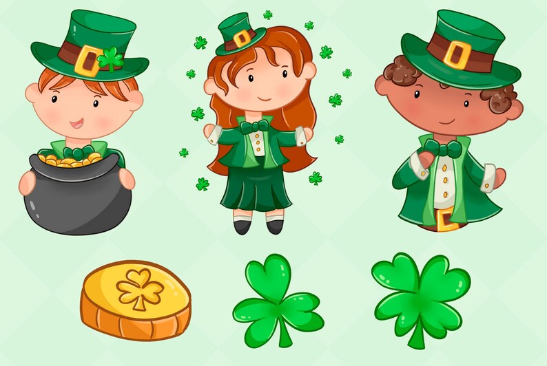Cute St Patrick's Day Clip Art, Kawaii St. Patrick's Day Clipart, Rainbows Clipart, Pot of Gold, Spring Clip Art, Instant Download image 3