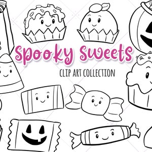 Kawaii Halloween Digital Stamps, Cute Halloween Graphics, Cute Halloween Candy Clipart, Kawaii Pumpkins, Kawaii Trick or Treat image 1