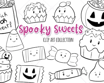 Könnte beinhalten: Schwarz-weiße Clip-Art-Sammlung mit Süßigkeiten zum Thema Halloween. Enthält ein Maisbonbon, Cupcakes, verpackte Süßigkeiten, einen kürbisförmigen Süßigkeitenhalter und eine Tüte mit Leckereien mit dem Text "Trick or Treat!". Der Titel "Spooky Sweets" ist ebenfalls vorhanden.