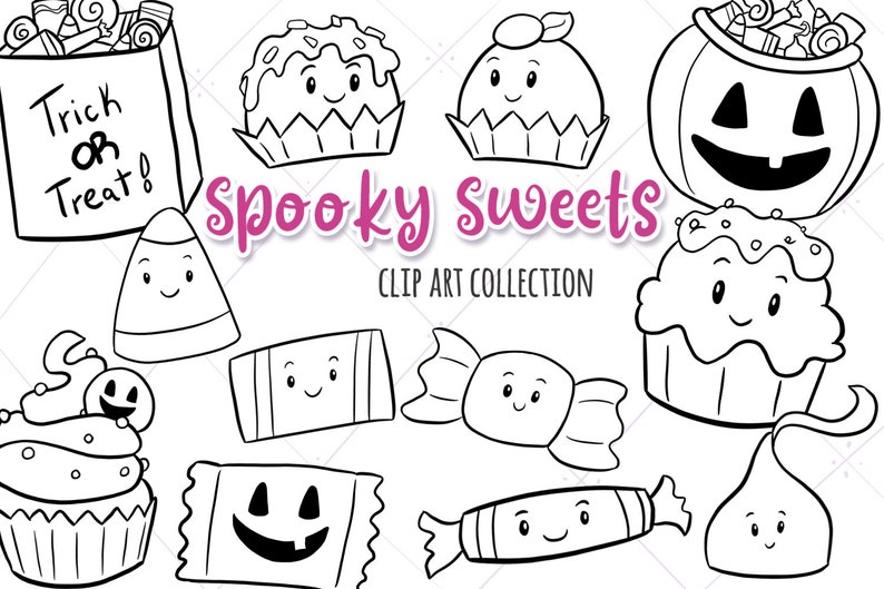Kawaii Halloween Digital Stamps, Cute Halloween Graphics, Cute Halloween Candy Clipart, Kawaii Pumpkins, Kawaii Trick or Treat image 1