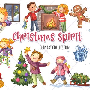 Christmas Spirit Clip Art Collection, Cute Kids Christmas Clipart, Decorating for Christmas Illustrations, Christmas Tree