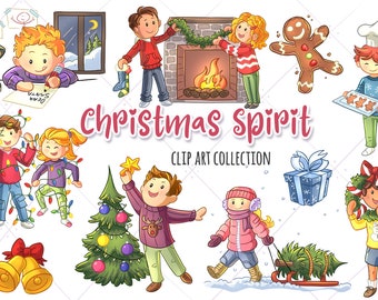 Christmas Spirit Clip Art Collection, Cute Kids Christmas Clipart, Decorating for Christmas Illustrations, Christmas Tree