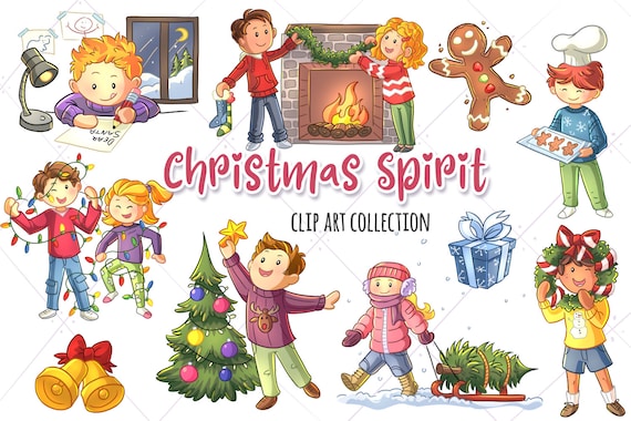 Christmas Spirit Clip Art Collection, Cute Kids Christmas Clipart, Decorating for Christmas Illustrations, Christmas Tree