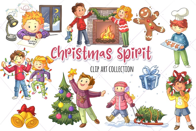 May include: A collection of Christmas clip art featuring illustrations of children decorating a Christmas tree, hanging lights, baking cookies, and enjoying the festive season. The illustrations are in a cartoon style and feature bright colours.