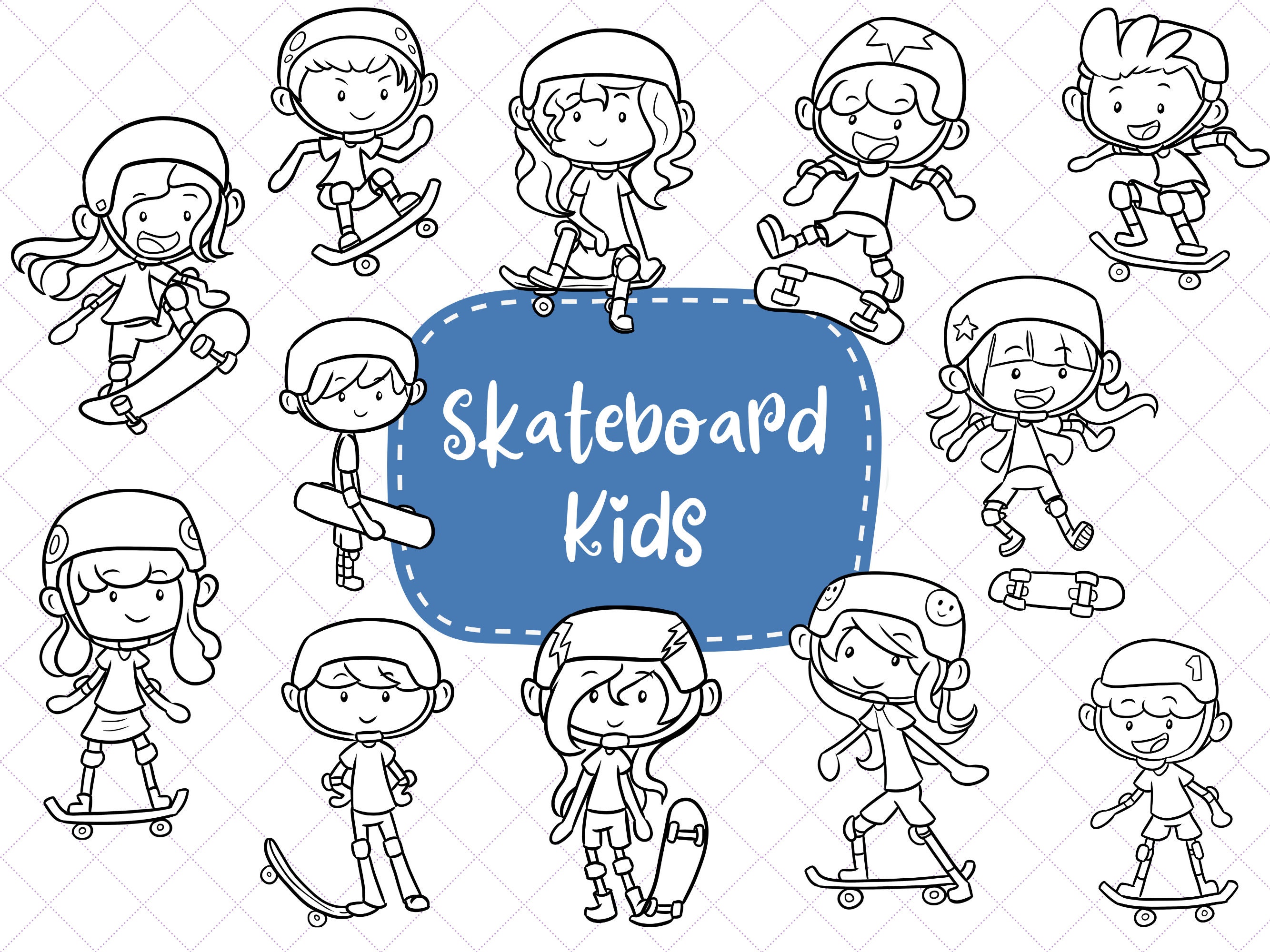 Cute Skateboarding Kids Clipart, Skating Kids Clip Art, Kawaii Skate
