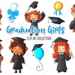 Cute Graduation Girls Clip Art Collection, Little Graduates Clipart, Kids Graduation Party Invite