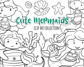 Mermaid Black and White Clipart, Mermaids Digital Stamps, Ocean Life Clipart, Mermaid Coloring, Cute Mermaids, Kawaii Mermaid