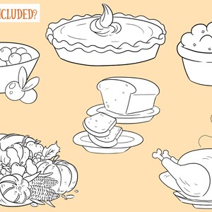 May include: A black and white line drawing illustration of a Thanksgiving dinner spread. The illustration includes a turkey, a cornucopia filled with fruits and vegetables, a pie, a bowl of cranberries, a loaf of bread, and a bowl of mashed potatoes.