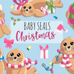Cute Baby Seals Christmas In Pink Clip Art Collection