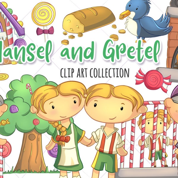 Cute Hansel and Gretel Clip Art, Gingerbread House Clipart, Kawaii Fairy Tale, Kids Stories Clipart, Cute Gingerbread Houses