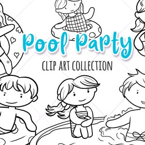 Kids Pool Party Digital Stamp Set - Cute Kids Pool Party Clipart - Summer Time Clip Art