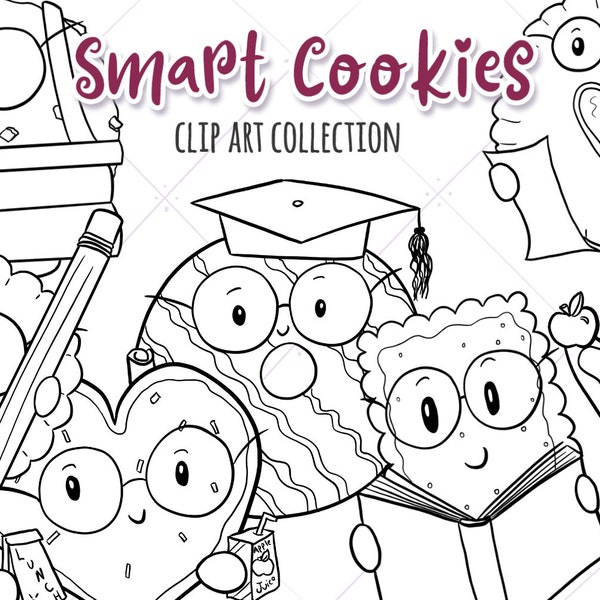 Smart Cookies Back to School Illustrations, Cute School Clipart, Kawaii School, Cute Cookies, Kawaii Cookies at School, Cooking Coloring