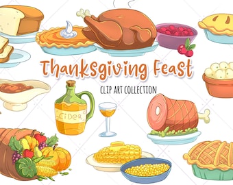 Cute Thanksgiving Feast Clipart, Thanksgiving Food Clip Art, Kawaii Thanksgiving Food, Fall Clip Art, Fall Graphics, Sublimation